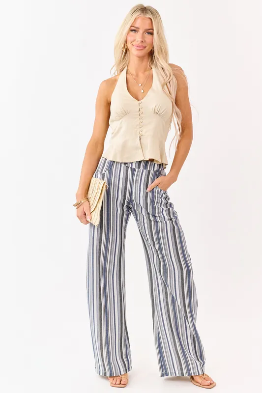 Vanilla and Cobalt Striped Wide Leg Pants - Olivaceous