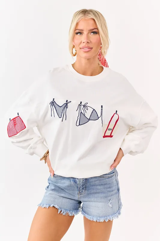 White Embroidered Swim Suit Graphic Cotton Sweatshirt - LE LIS