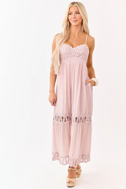 Mauve Crochet Lace Tiered Babydoll Midi Dress - Heyson