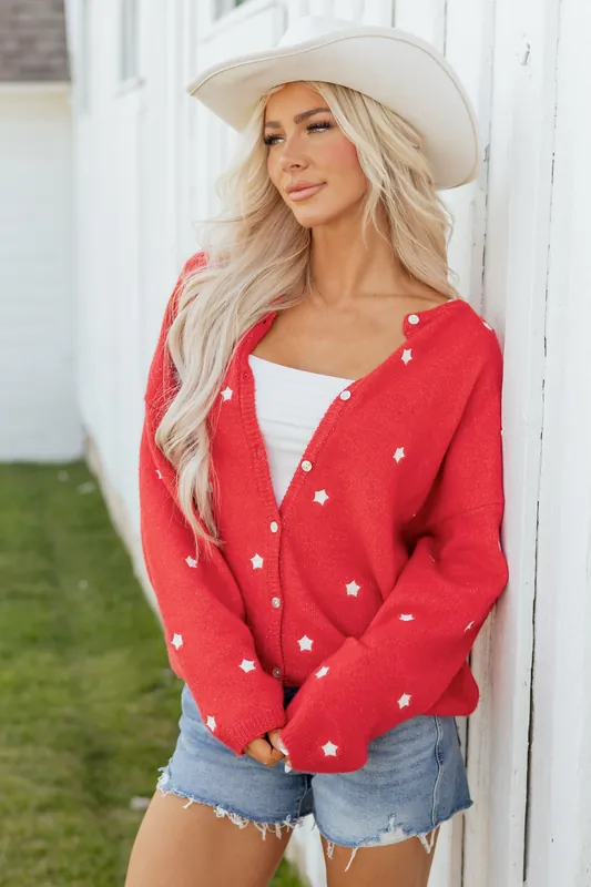 Lipstick Star Pattern Relaxed Button Up Soft Cardigan - LE LIS