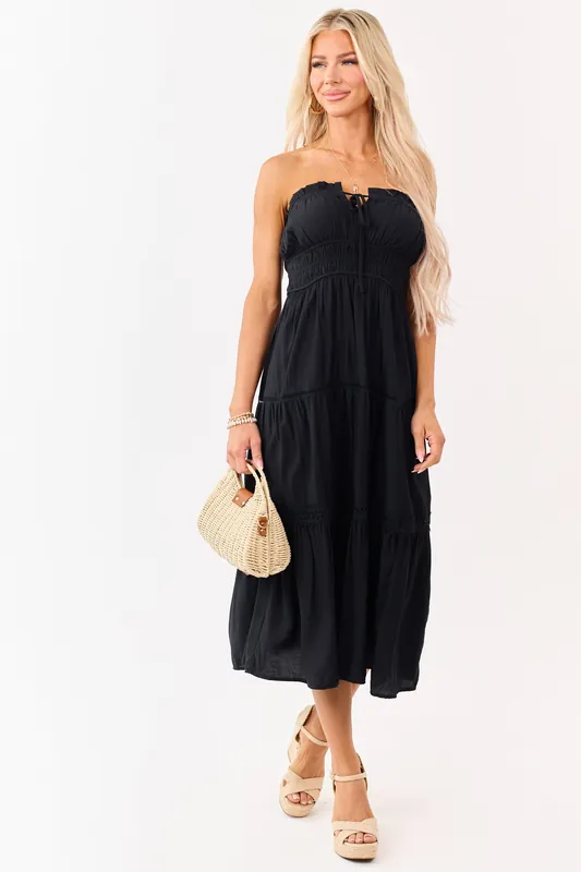 Black Strapless Tiered Lace Shirred Waist Midi Dress - Blu Pepper