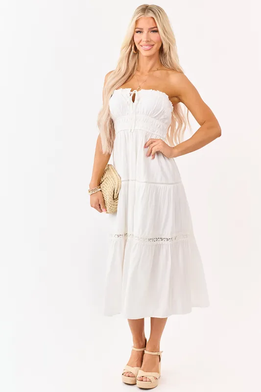 Ivory Strapless Tiered Lace Shirred Waist Midi Dress - Blu Pepper