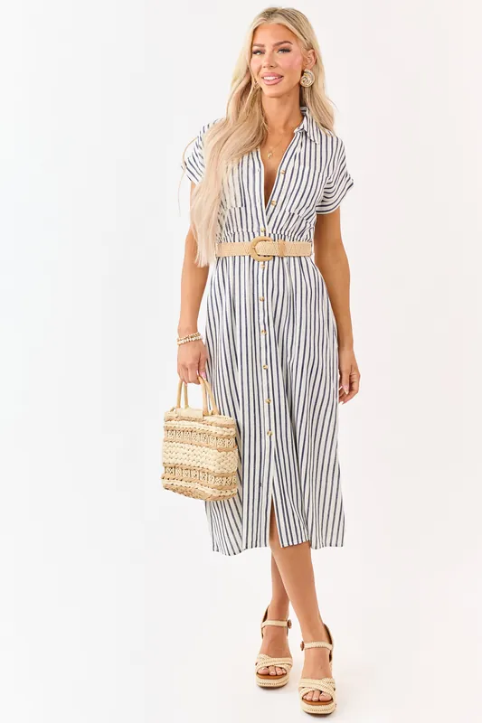 Navy Striped Button Down Midi Dress with Belt - Blu Pepper