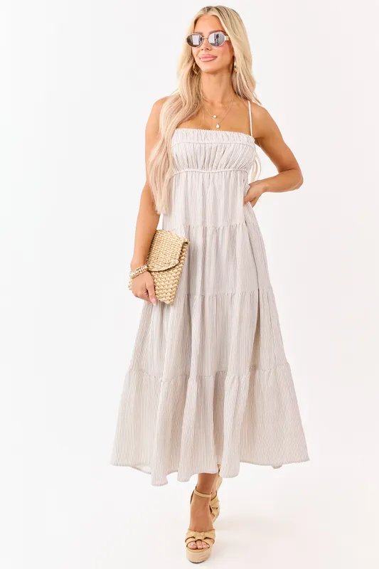 Latte and Ivory Striped Babydoll Tiered Midi Dress - Blu Pepper