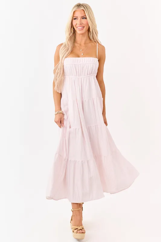 Baby Pink and Ivory Striped Babydoll Tiered Midi Dress - Blu Pepper