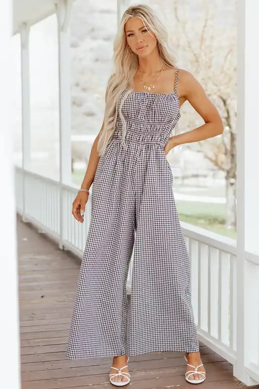 Navy and Cream Gingham Wide Leg Cotton Jumpsuit - Raisonnel