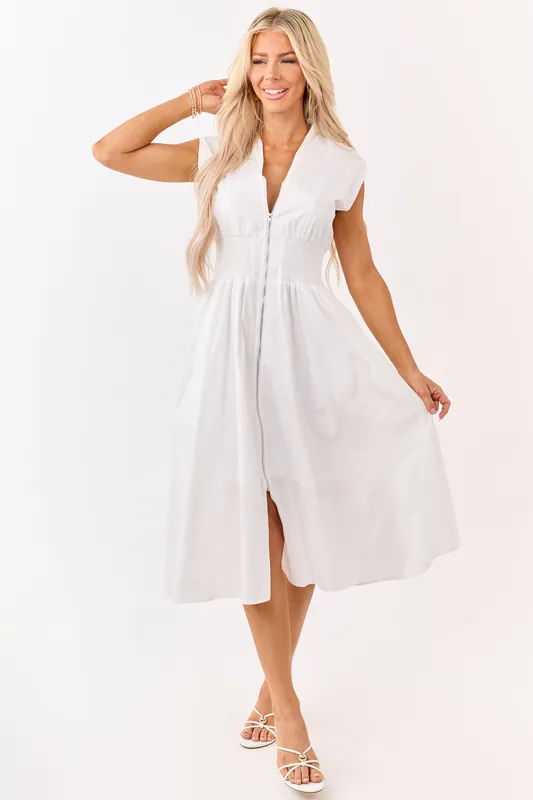 She+Sky Off White Zip Up Smocked Cotton Midi Dress - She + Sky