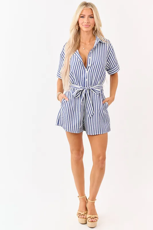 She+Sky Navy and Cream Striped Buttoned Romper - She + Sky