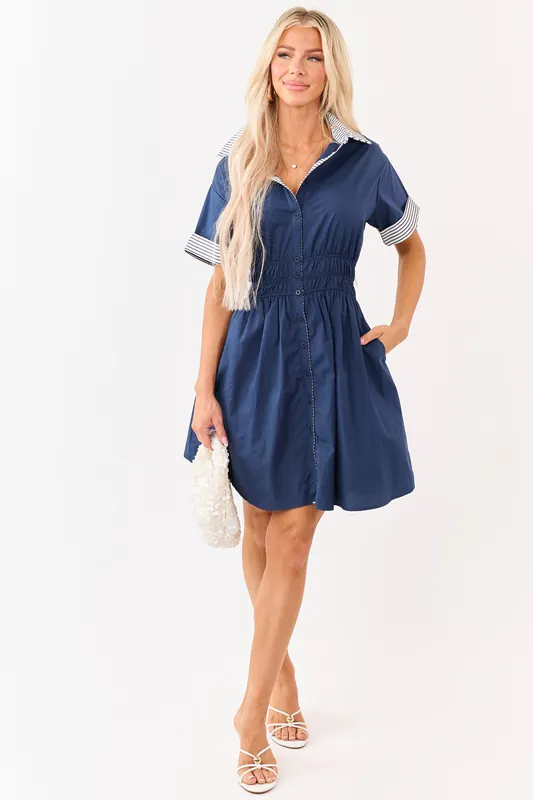 She+Sky Navy Button Down Cotton Mini Dress - She + Sky