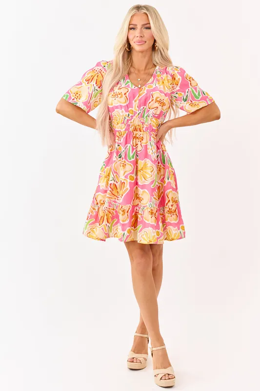 She+Sky Fuchsia Floral Print V Neck Mini Dress - She + Sky