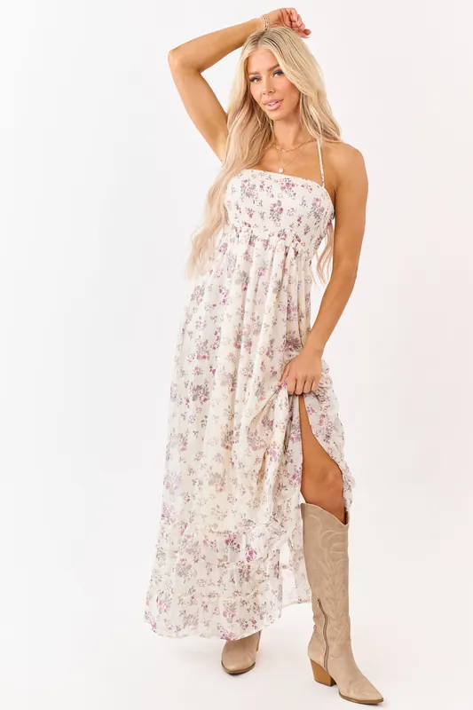 Cream Floral Print Backless Halter Neck Maxi Dress - HYFVE