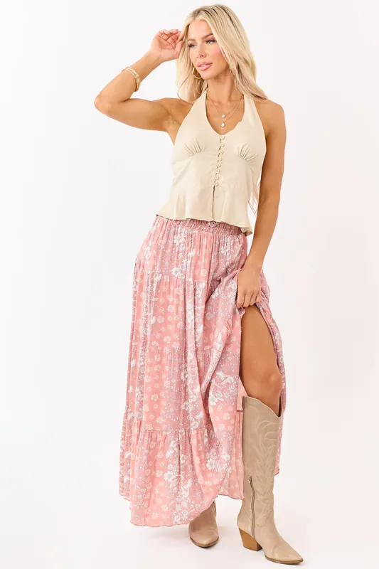 Coral Floral Print Elastic Waist Tiered Maxi Skirt - Saints and Hearts