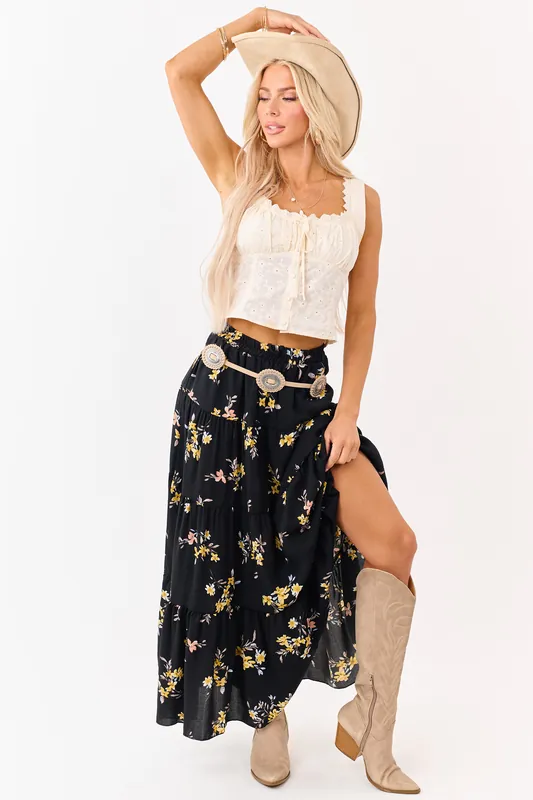Black Floral Print Elastic Waist Tiered Maxi Skirt - Saints and Hearts