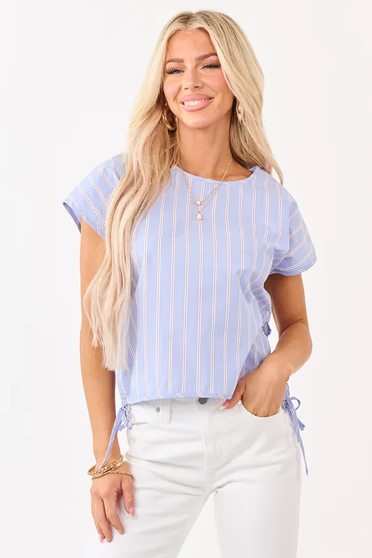 Pale Powder Blue Side Tie Striped Cotton Top - Sunday Edition