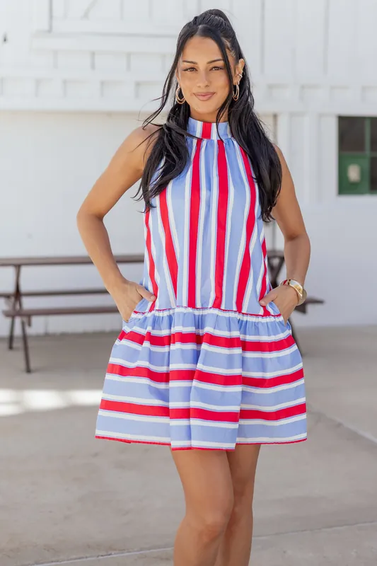 Entro Powder Blue Cotton Striped Mini Dress