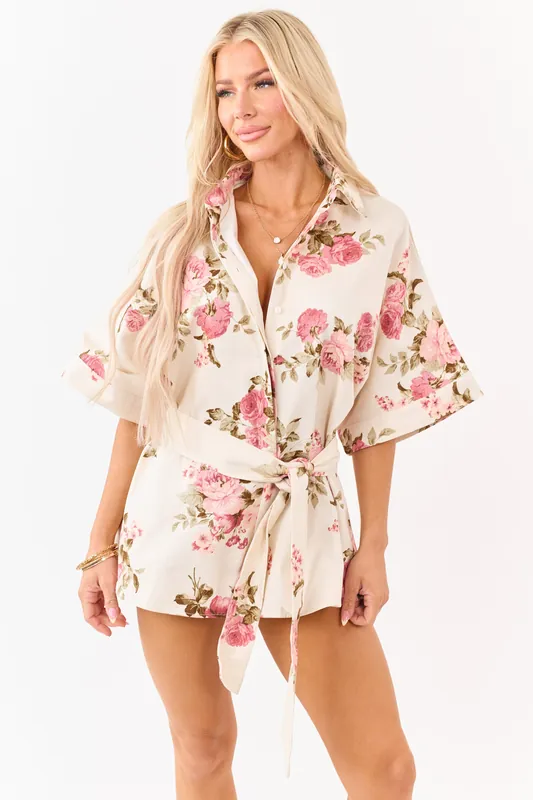 Cream Floral Print Button Down Denim Romper - Olivaceous