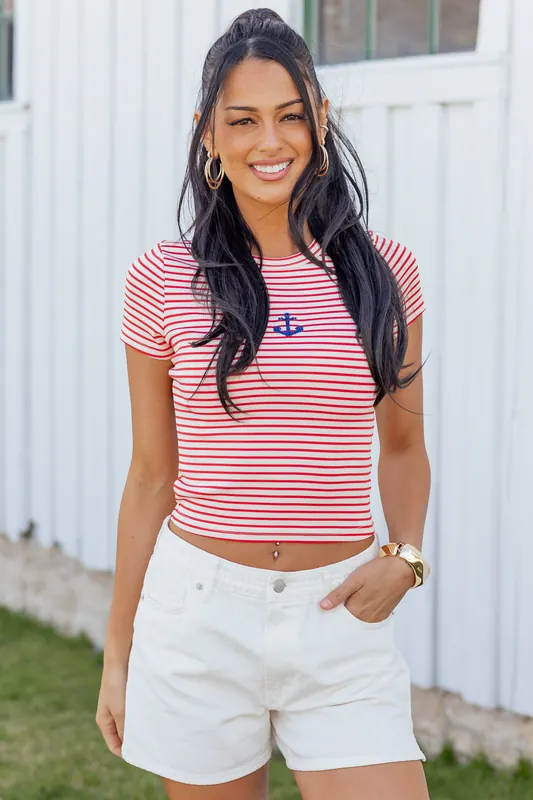 Ruby Striped Beaded Anchor Short Sleeve Knit Tee - Pretty Garbage