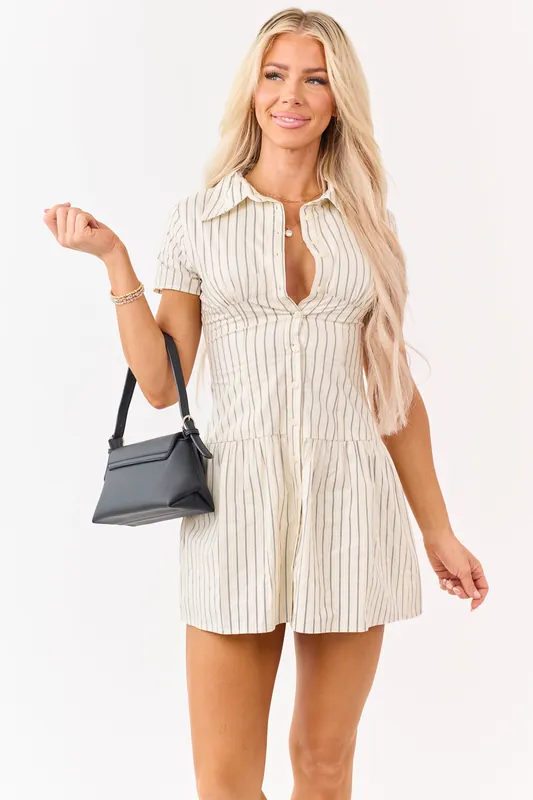 Cream Cotton Striped Button Down Mini Dress - Pretty Garbage