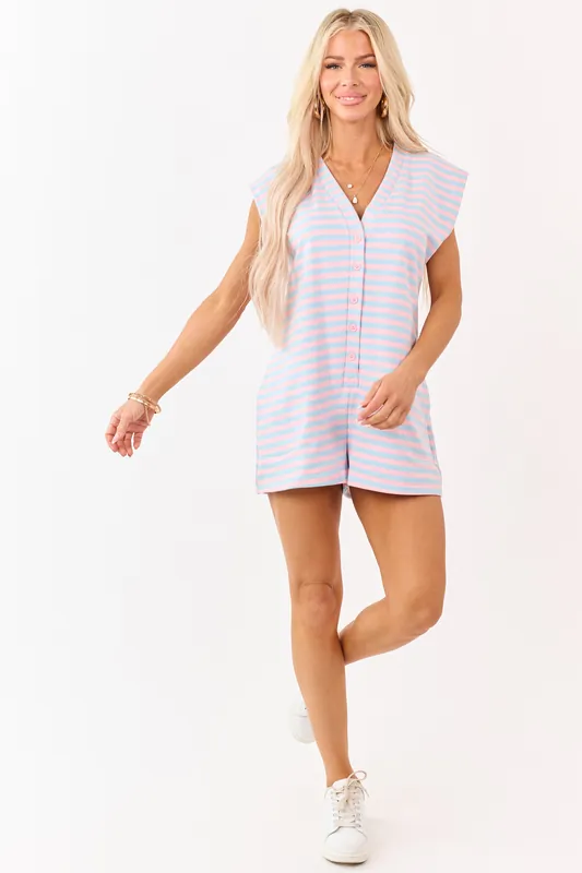 Sky Blue and Baby Pink Striped Knit Romper - Klesis