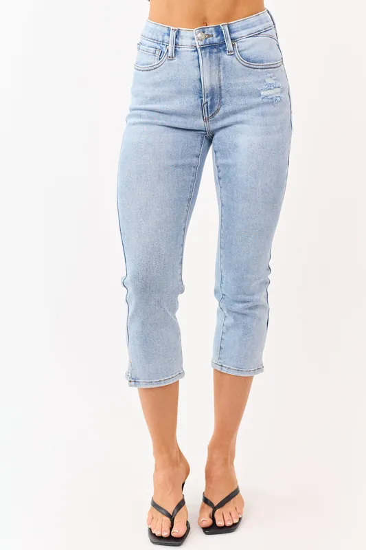Saige Light Wash Tummy Control Stretchy Capri Jeans - Saige Denim