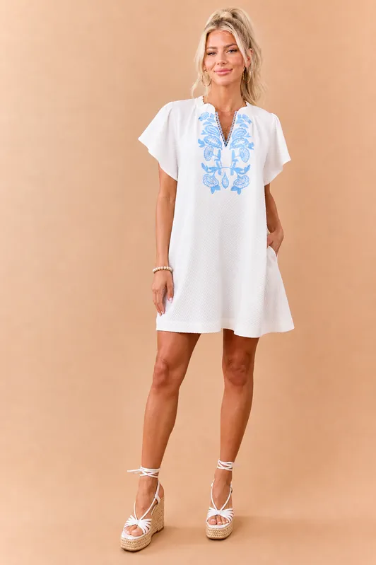 Off White Embroidered V Neck Textured Mini Dress - Umgee