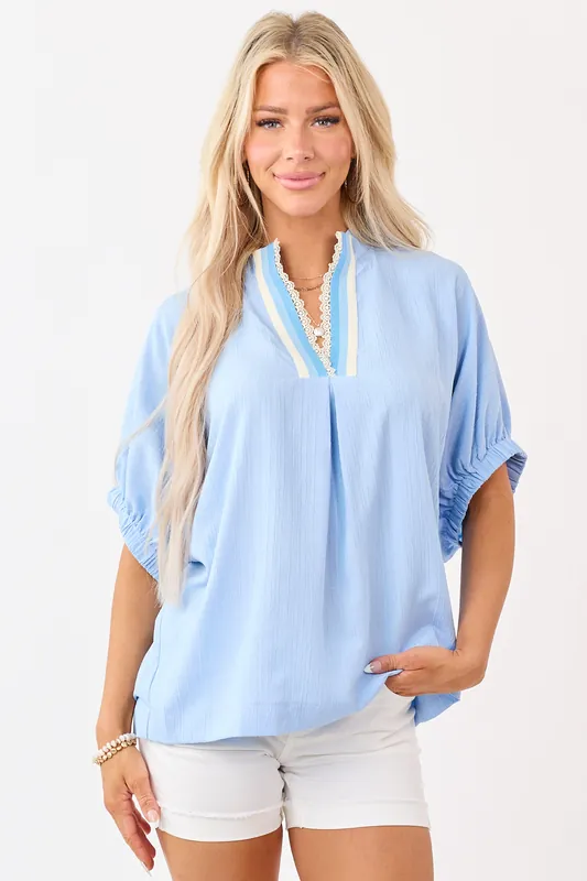 Cornflower Contrast Lace Trim Short Sleeve Top - Umgee
