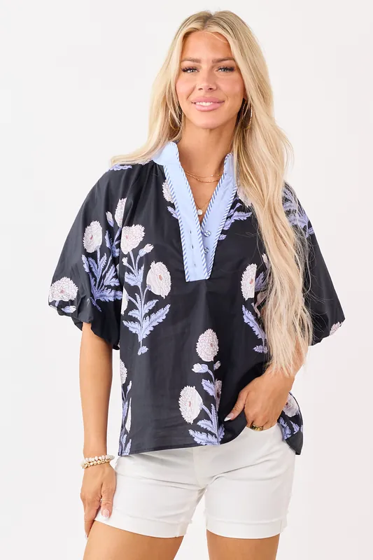 Black Floral Print Half Puff Sleeve Cotton Top - Umgee