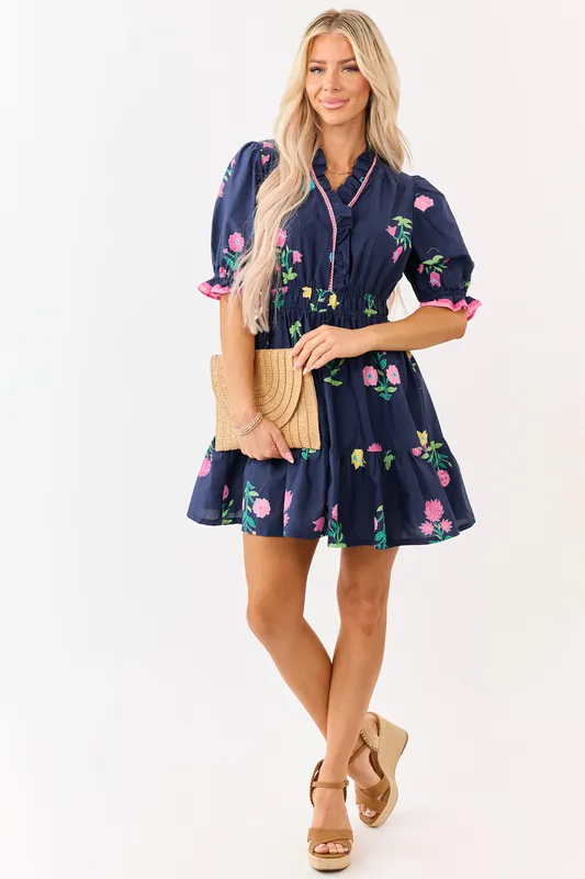 Navy Floral Print Puff Sleeve Cotton Mini Dress - Umgee