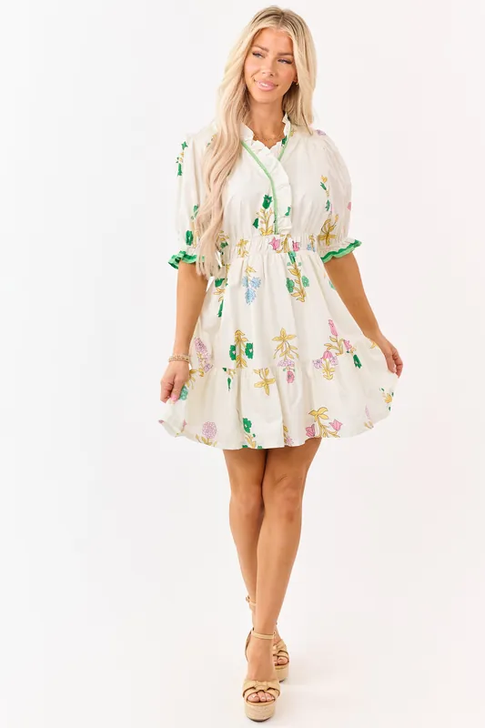 Cream Floral Print Puff Sleeve Cotton Mini Dress - Umgee