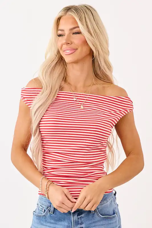 Lipstick Striped Ruched Side Off Shoulder Top - LE LIS