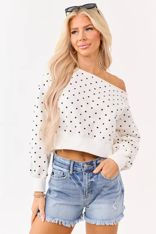 Off White Polka Dot Off Shoulder Sweatshirt - Paper Moon