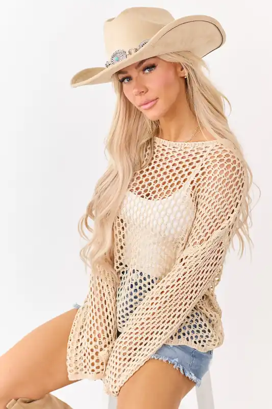 Sand Open Knit Round Neck Long Sleeve Top - Paper Moon