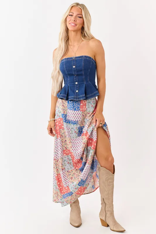 Fire Patchwork Floral Boho Flowy Maxi Skirt - Aemi + Co