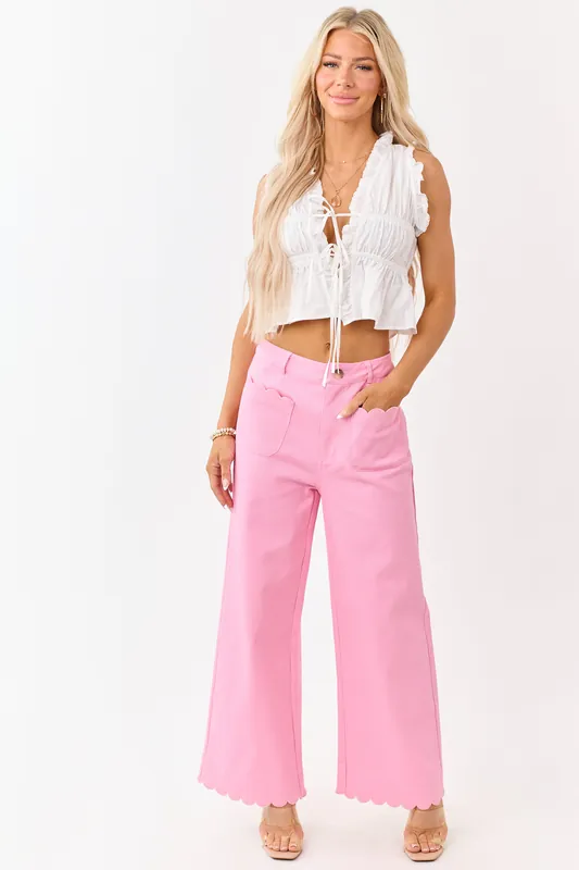 Entro Baby Pink Scalloped Trim Wide Leg Denim Pants