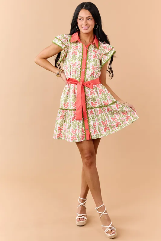 Entro Ivory Floral Print Buttoned Cotton Mini Dress