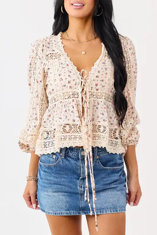 Cream Ditsy Floral Print Front Tie Lace Trim Top - ANGIE