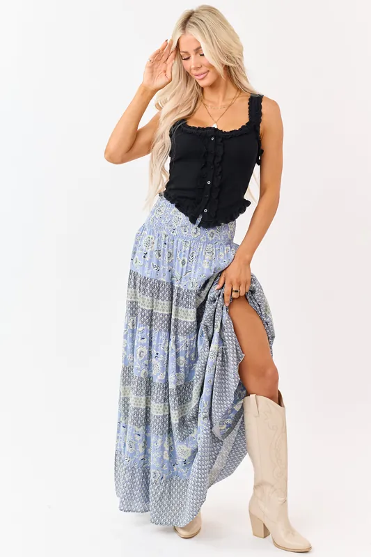 Slate Blue Floral Print Tiered Smocked Maxi Skirt - ANGIE