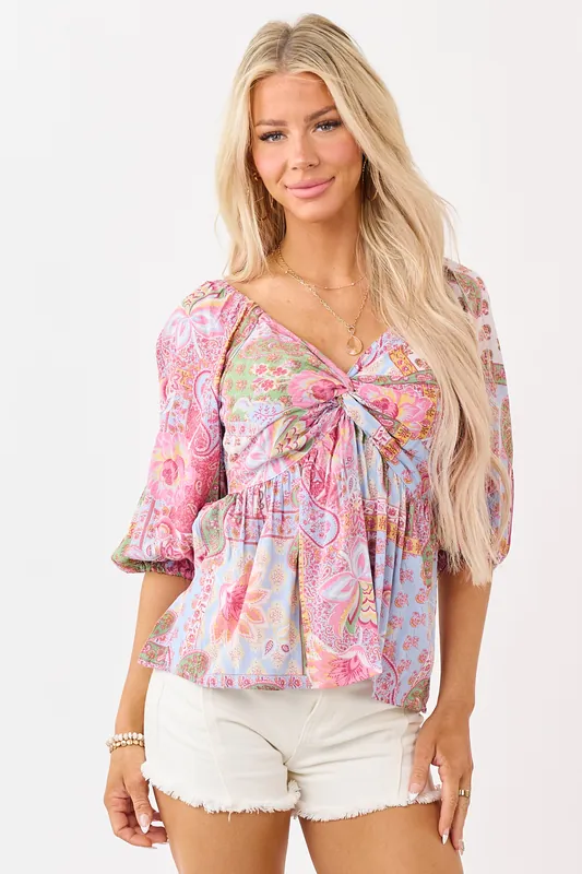 Powder Blue Patchwork Paisley Twist Babydoll Top - ANGIE