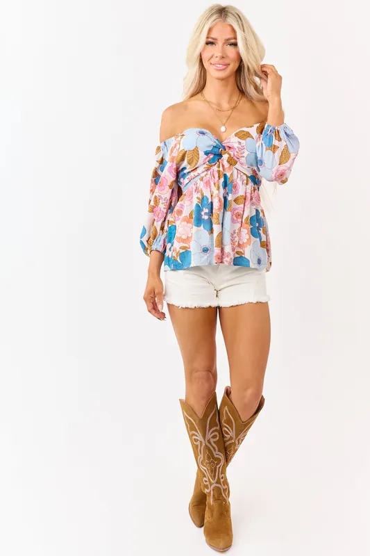 Blush Floral Print Front Twist Babydoll Top - ANGIE
