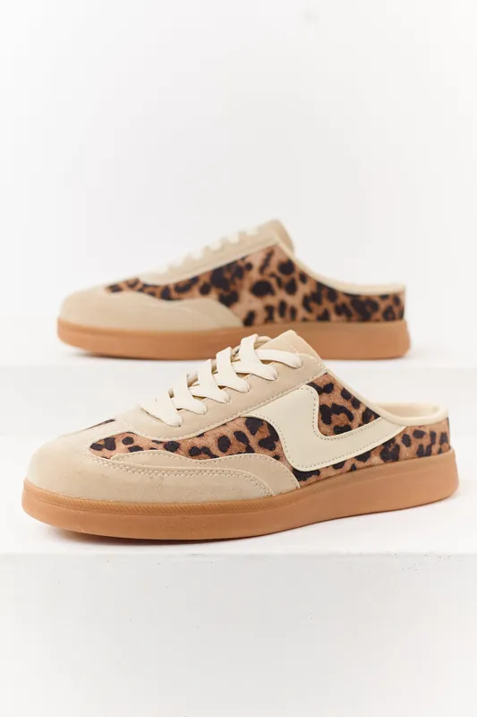 Biege Leopard Print Lace Up Slip On Mule Sneakers - Shoe La La