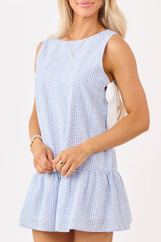 Dusty Blue Cotton Gingham Side Bow Mini Dress - BUTTERMELON