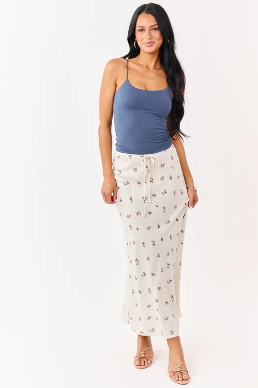 Almond Linen Blend Floral Print Maxi Skirt - Mustard Seed