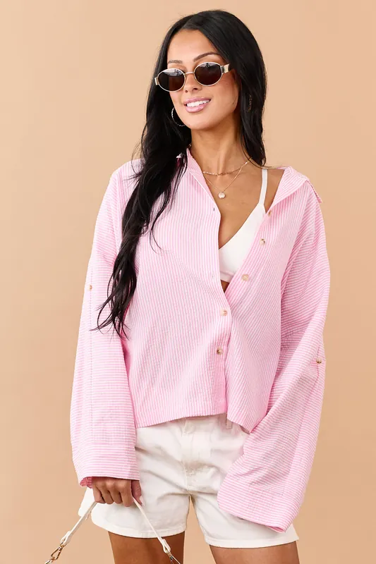 Baby Pink Striped Button Down Long Sleeve Top - HYFVE