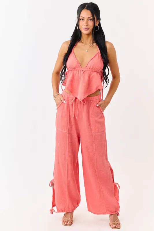 Watermelon Side Tie Cotton Gauze Wide Leg Pants - HYFVE