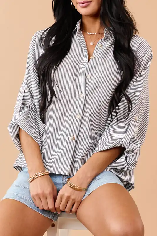 Black Striped Button Down Long Sleeve Top - HYFVE