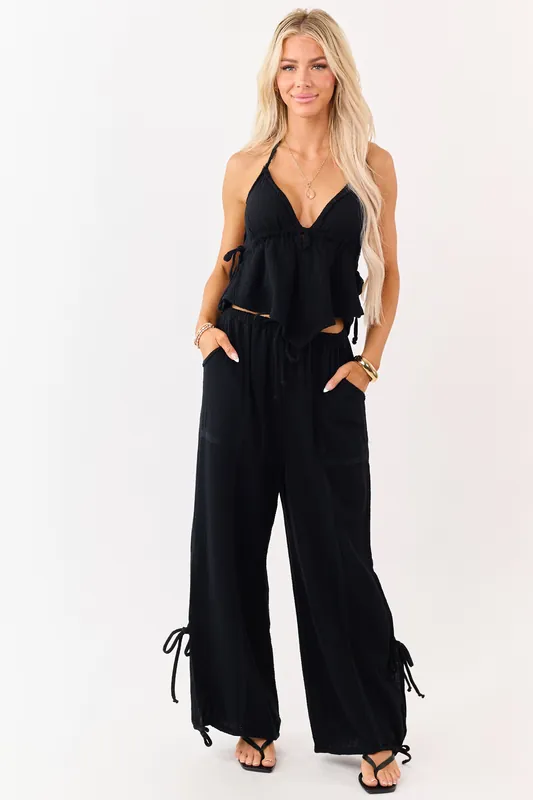 Black Side Tie Cotton Gauze Wide Leg Pants - HYFVE