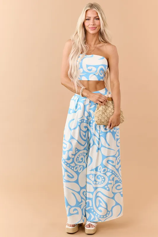Azure Abstract Strapless Top and Wide Pants Set - HYFVE