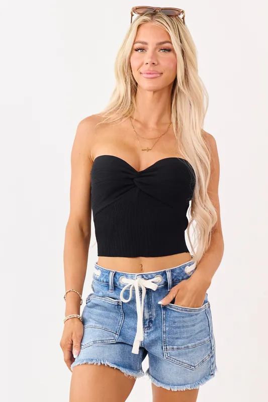 Black Strapless Rib Knit Twist Bust Crop Top - HYFVE