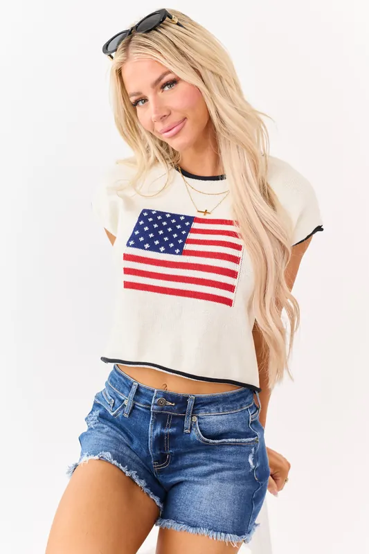 Cream American Flag Graphic Short Sleeve Boxy Tee - HYFVE