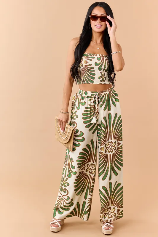 Cream Abstract Print Strapless Top and Pants Set - HYFVE